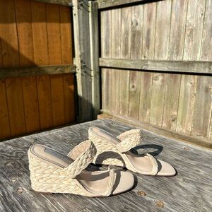 Steven New York Raffia Wedge Sandals Slide Cream Vacation Heels Women’s Size 6.5